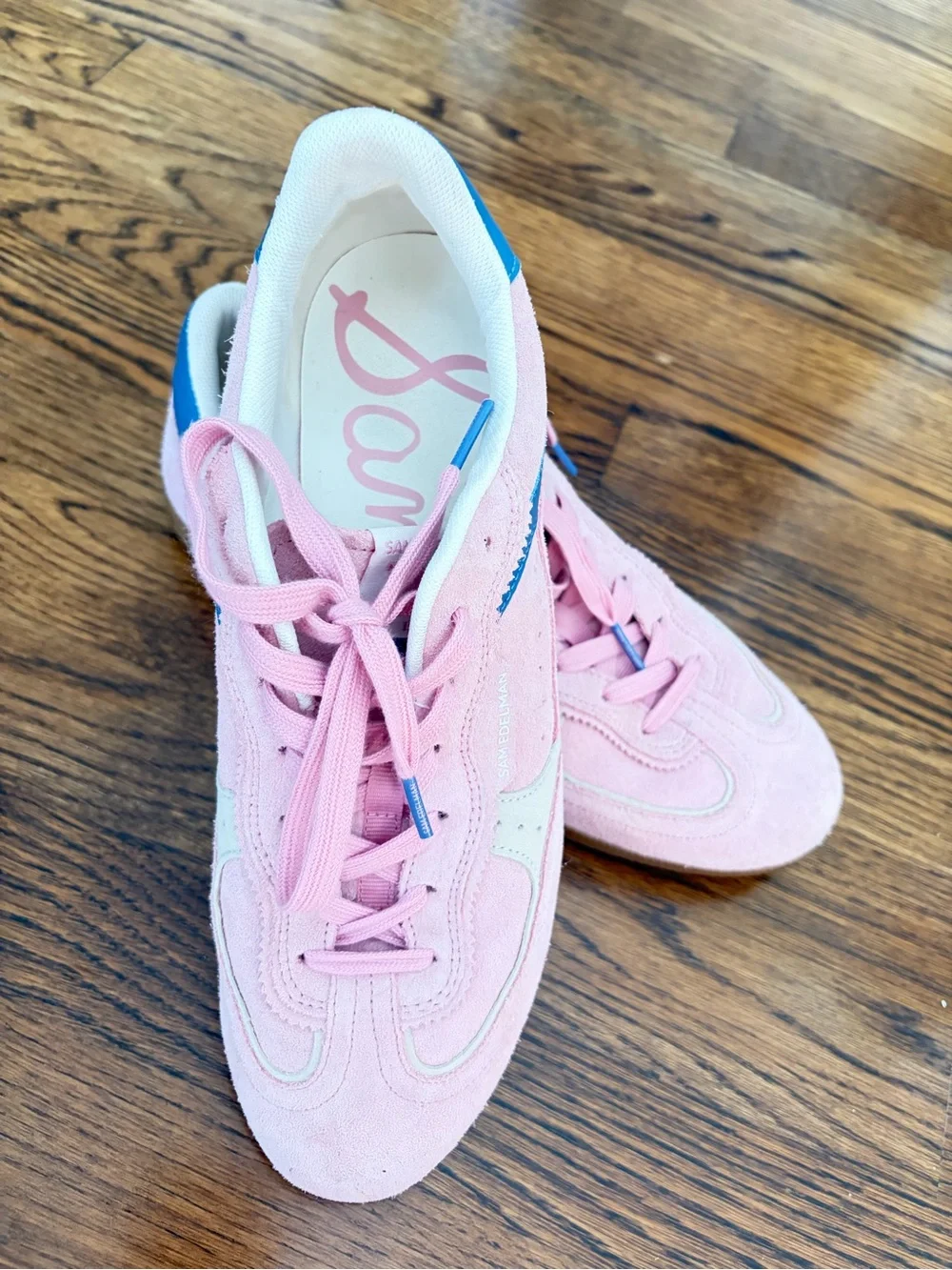 Sam Edelman Pink Suede Low-Top Sneakers with Blue Heel Accent